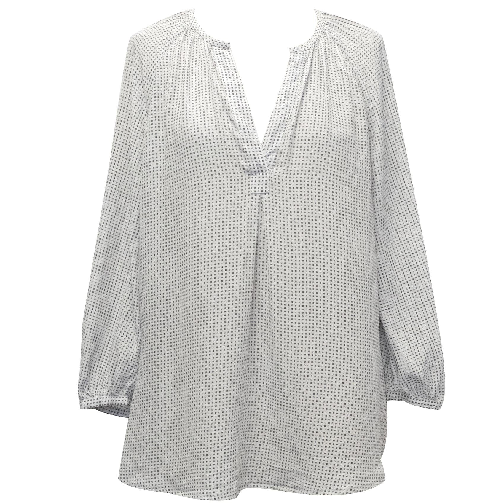 Joie Off-White Silk Blouse with Blue Square Print