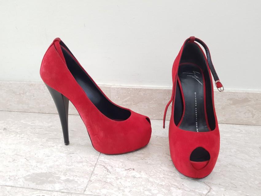 Giuseppe Zanotti red suede open toe ankle strap pumps