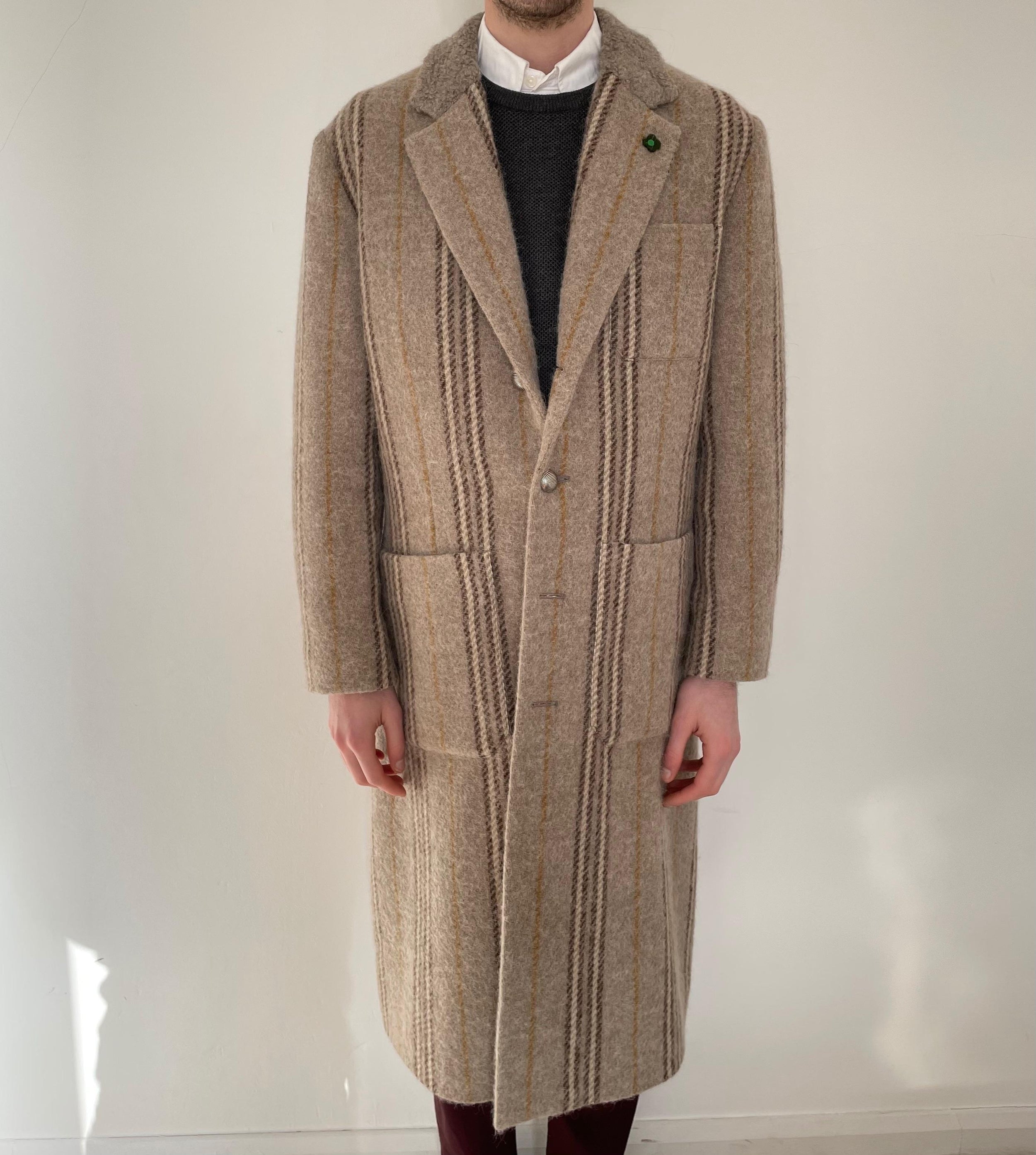 Beige Striped Wool Long Coat