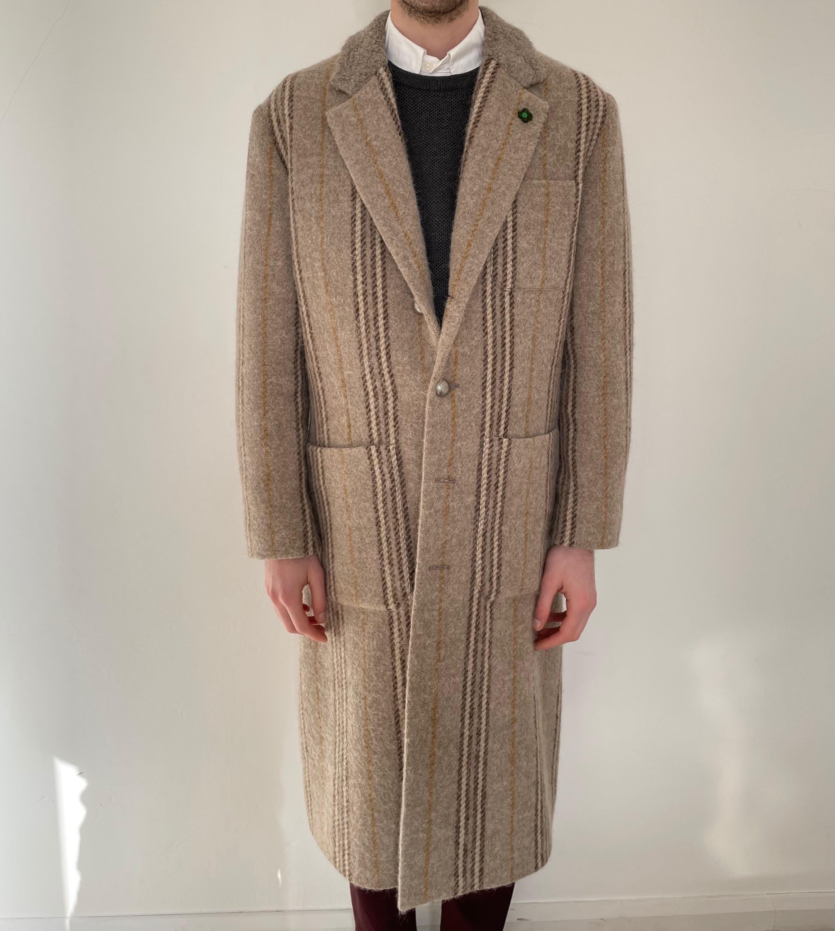 Beige Striped Wool Long Coat