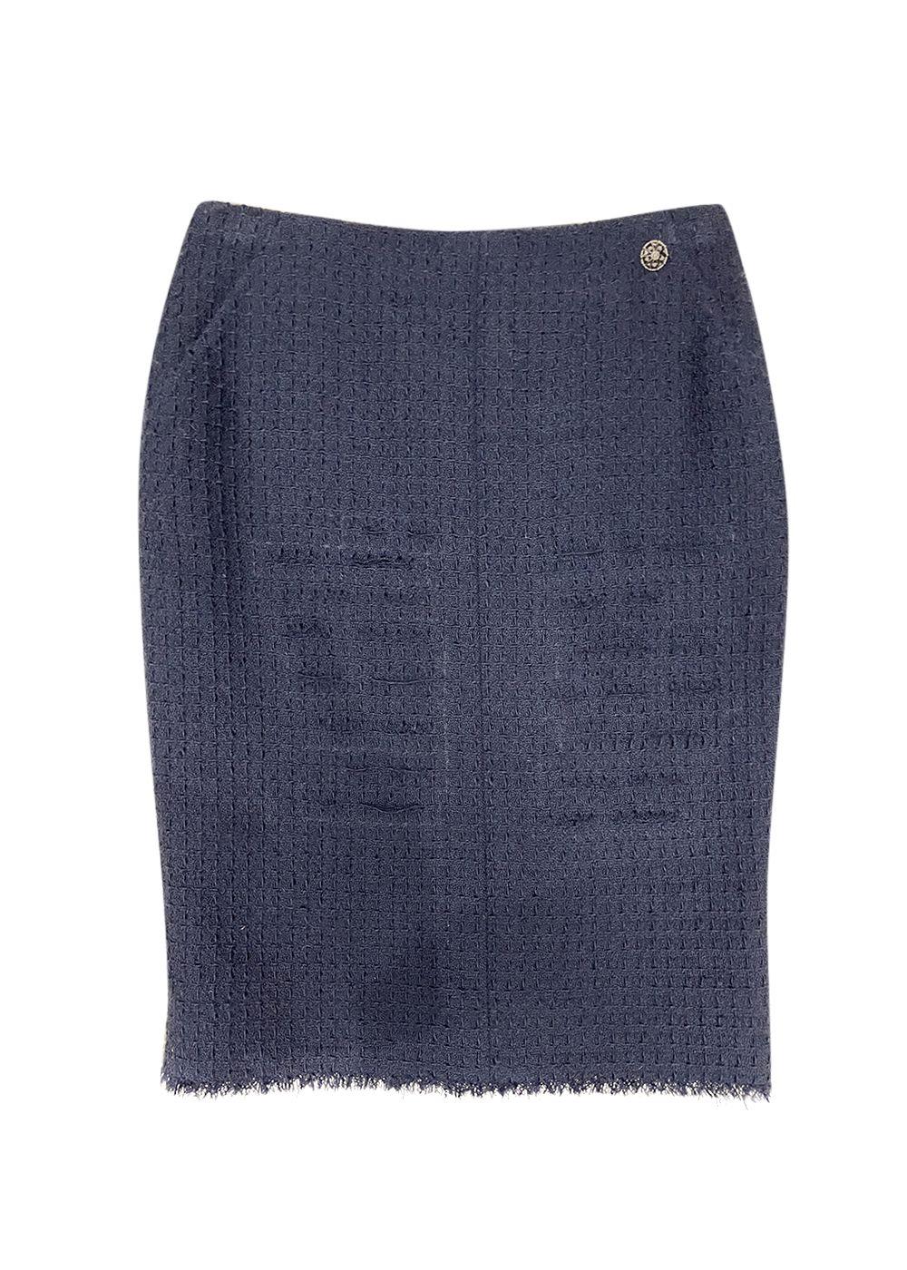 Navy Blue Lesage Tweed Knee Length Skirt