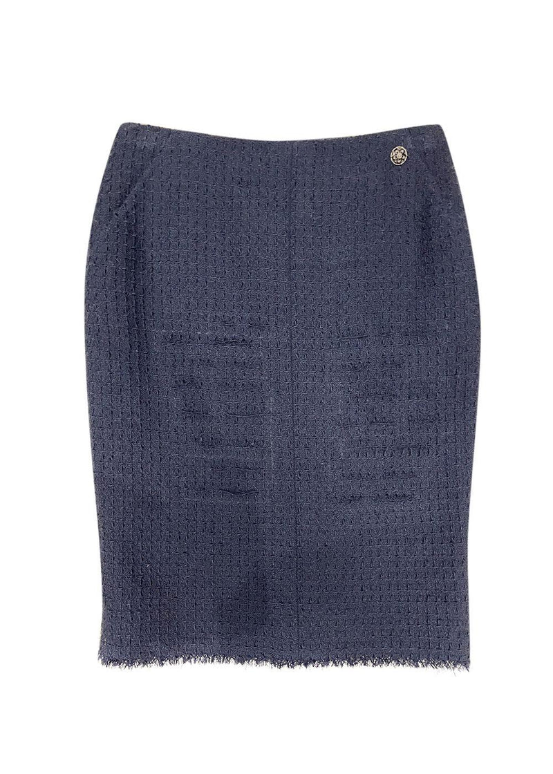 Navy Blue Lesage Tweed Knee Length Skirt