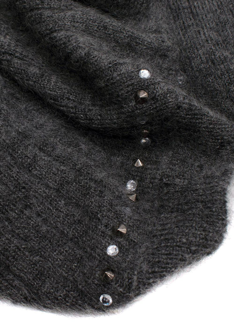 Alessandra Rich Grey Stud Mohair Blend V-Neck Sweater