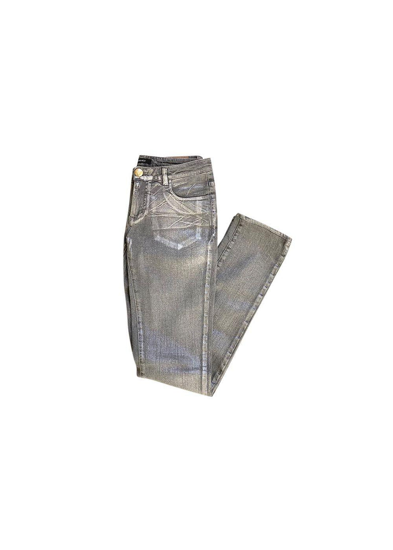 Grey silver coated straight leg jeans