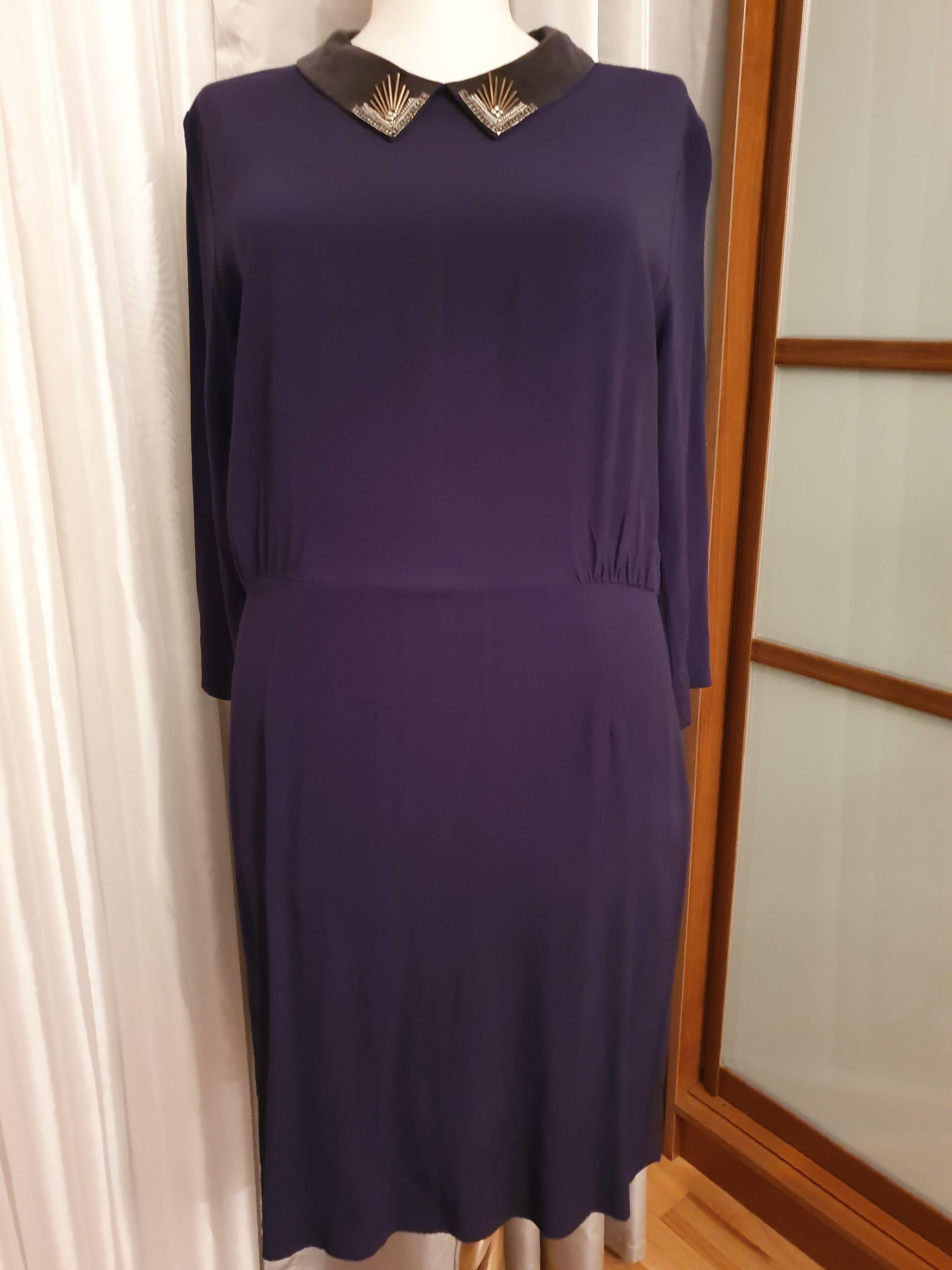 Purple crepe embellished collar dress