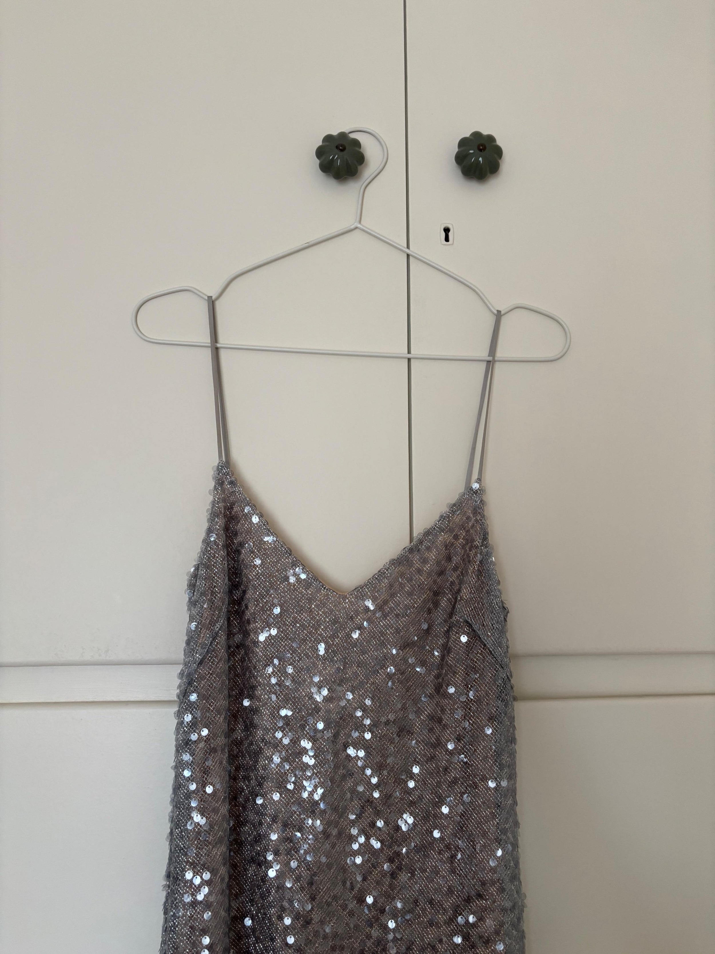 Galvan Silver Sequin Evening Dress