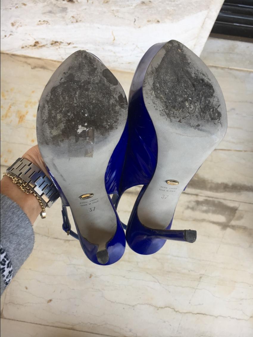 Sergio Rossi Blue Patent Peep-Toe Slingback Pumps
