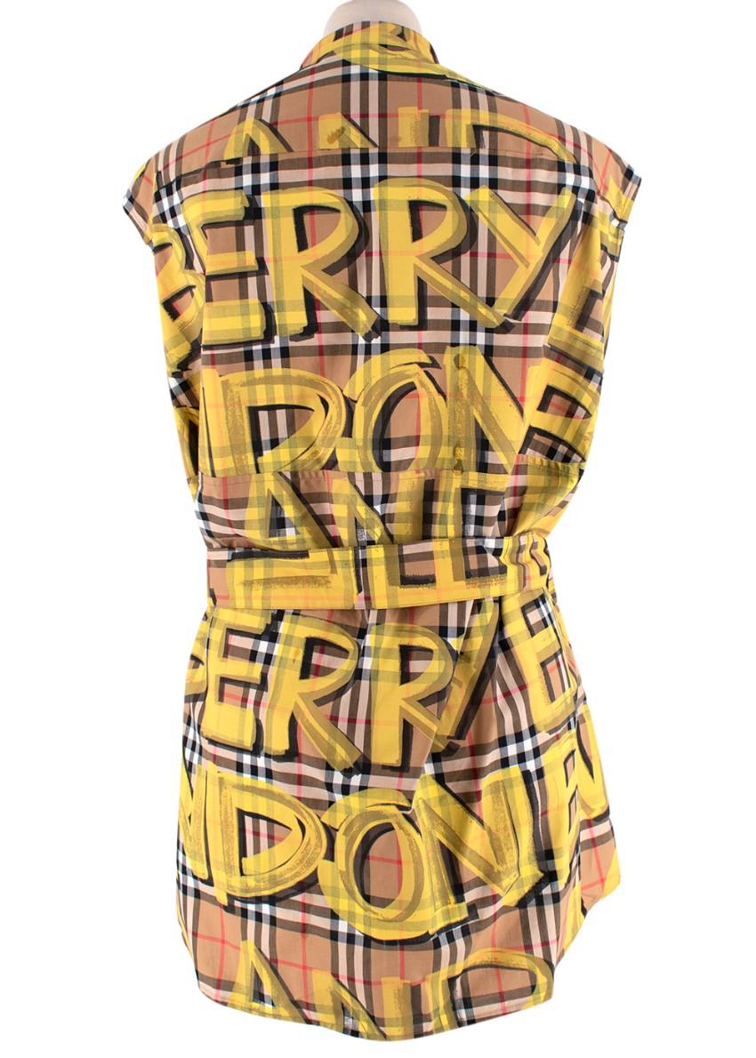 Burberry Yellow Sleeveless Graffiti Print Check Cotton Shirt