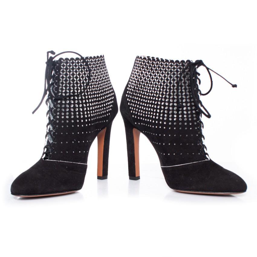 Alaia Black Suede Lasercut Lace-Up Ankle Boots