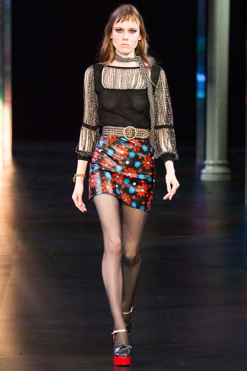 Saint Laurent Floral Printed Leather Skirt