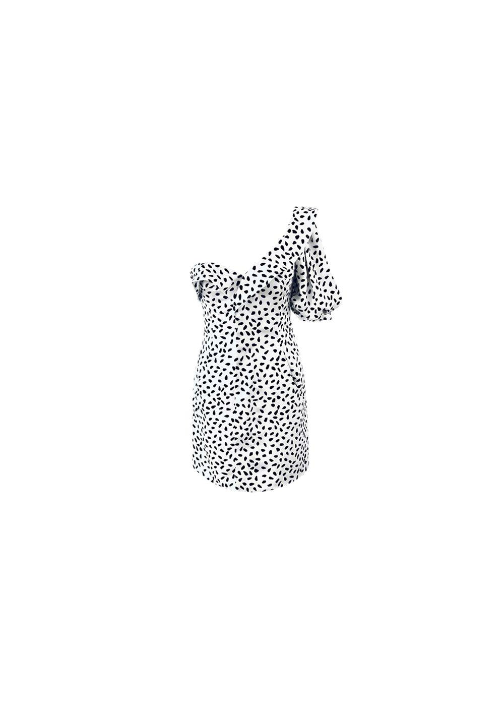 Black & white crescent print satin one-shoulder dress