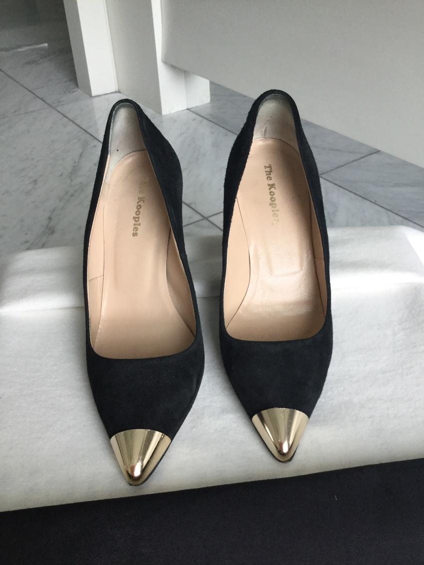 The Kooples Black Suede Gold Cap-Toe Pumps