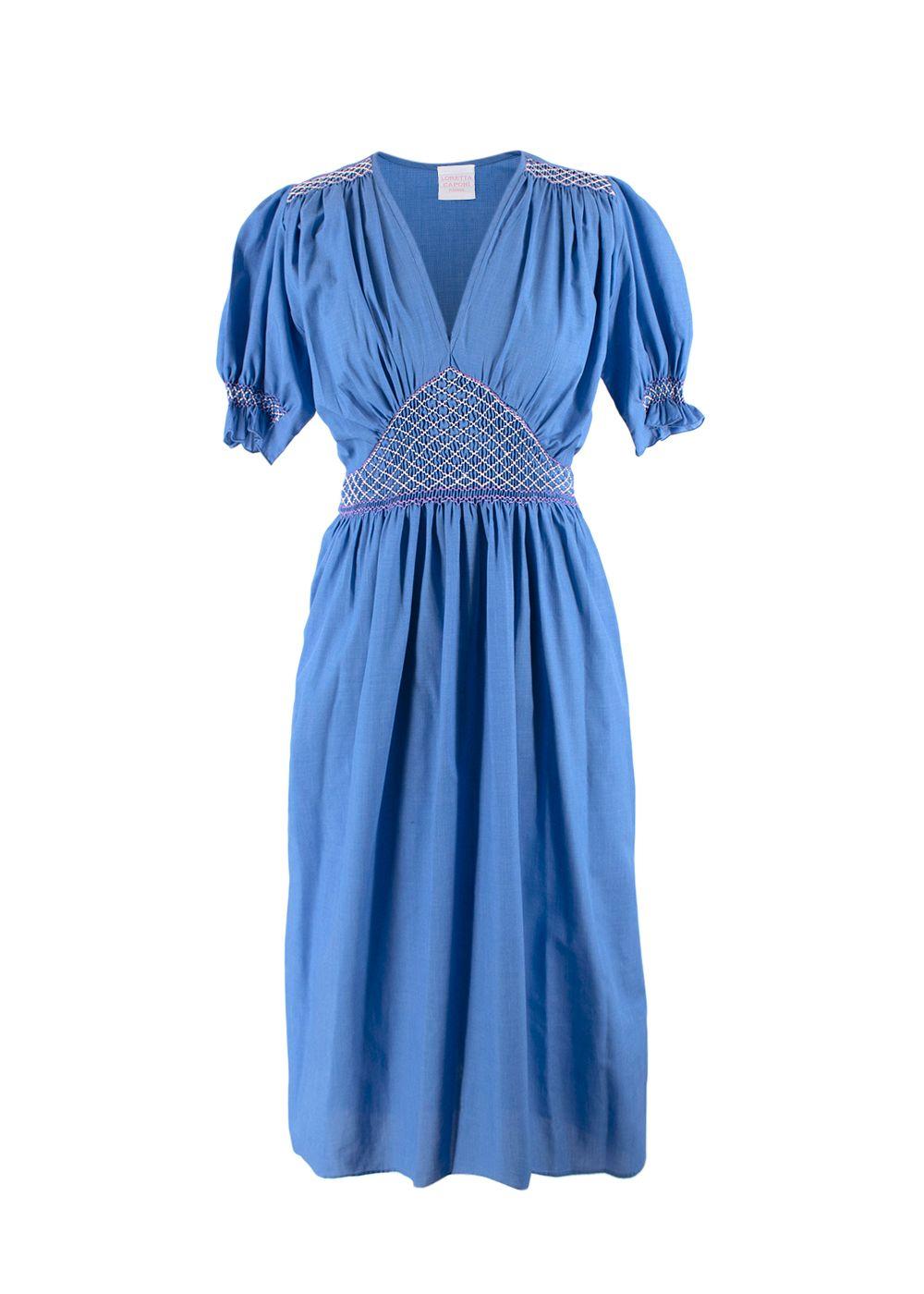Loretta Caponi Blue Marina Smocked Voile Dress