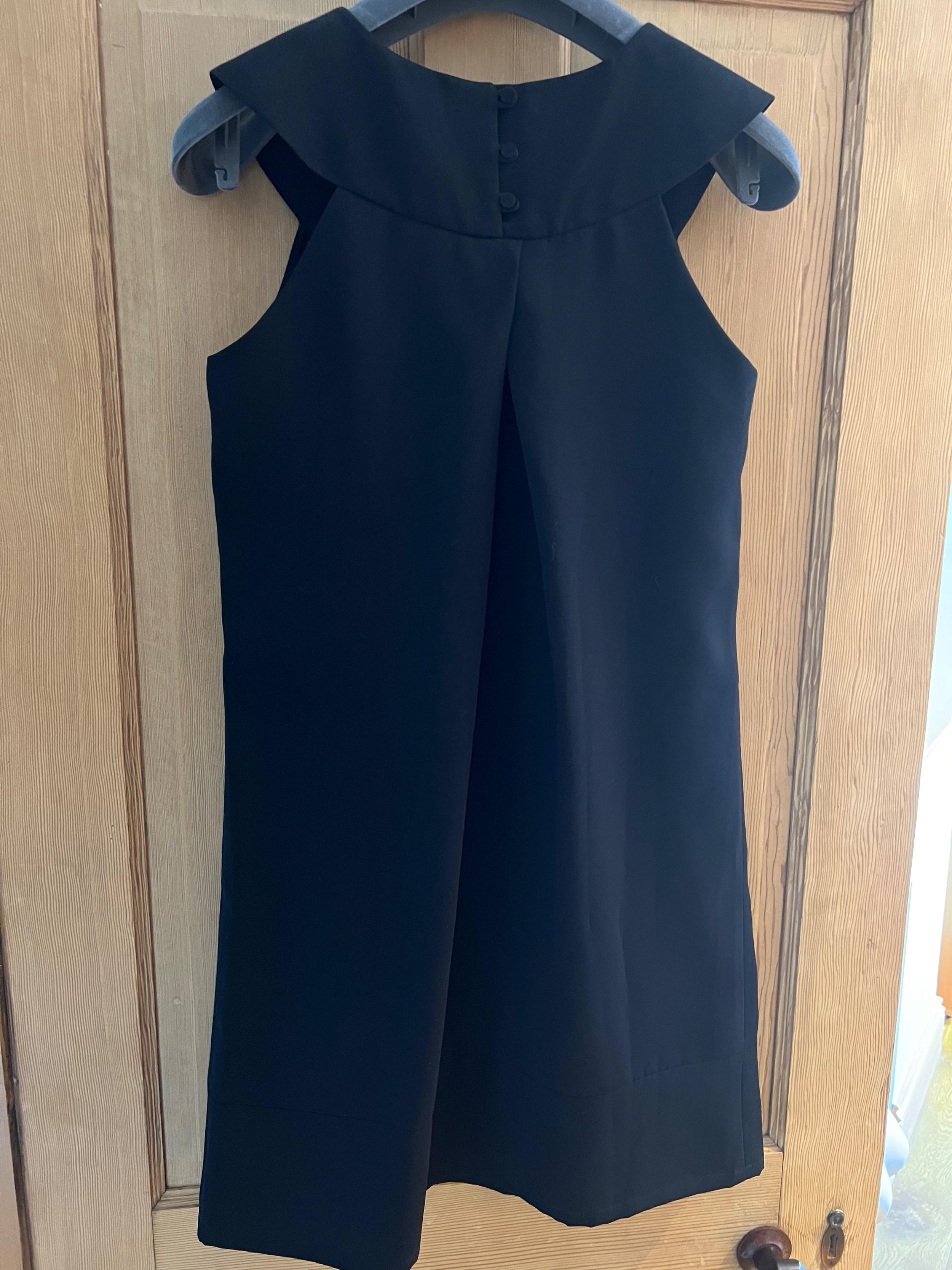 Black crepe embellished neckline shift dress