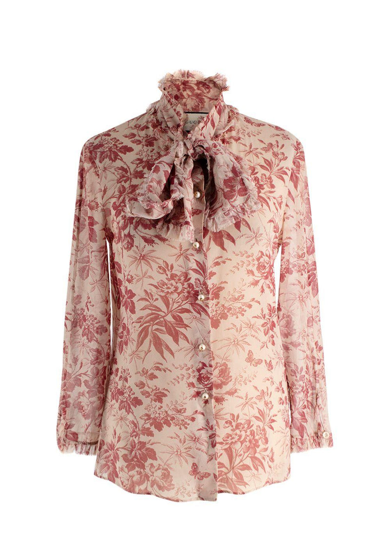 Gucci Floral Print Sheer Pussybow Silk Blouse