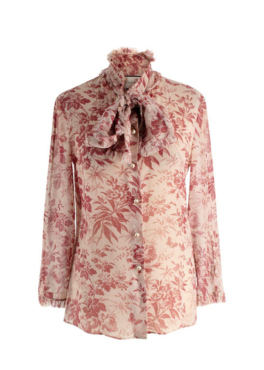 Gucci Floral Print Sheer Pussybow Silk Blouse