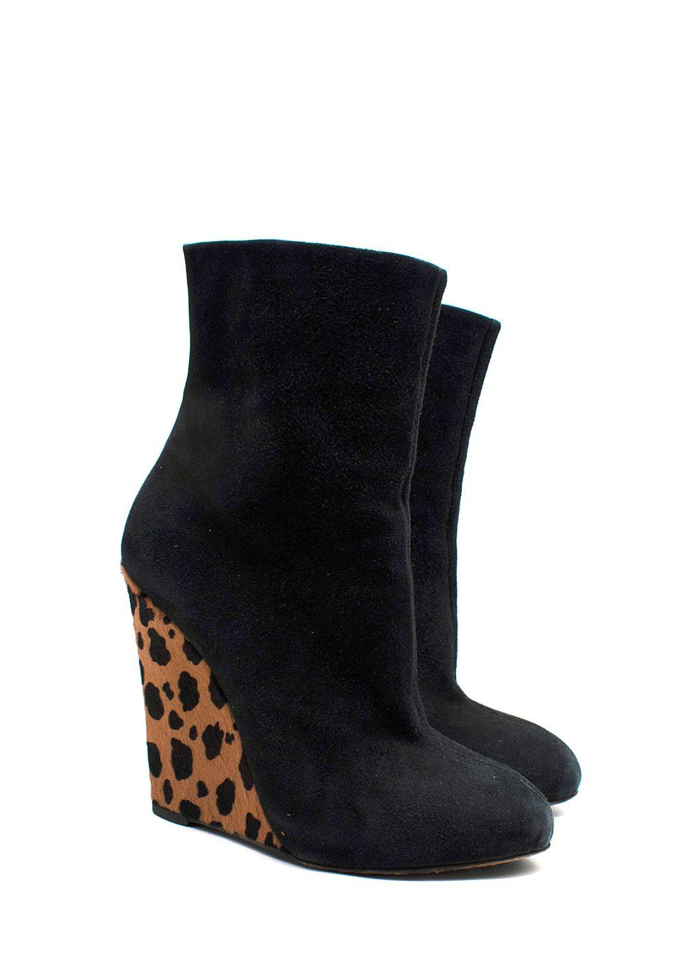 Giuseppe Zanotti Black Suede Wedge Ankle Boots Leopard Print Heel