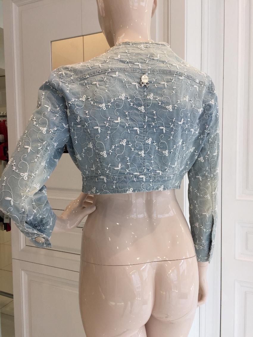 Blumarine Filigree Embroidered Pale Blue Cropped Jacket