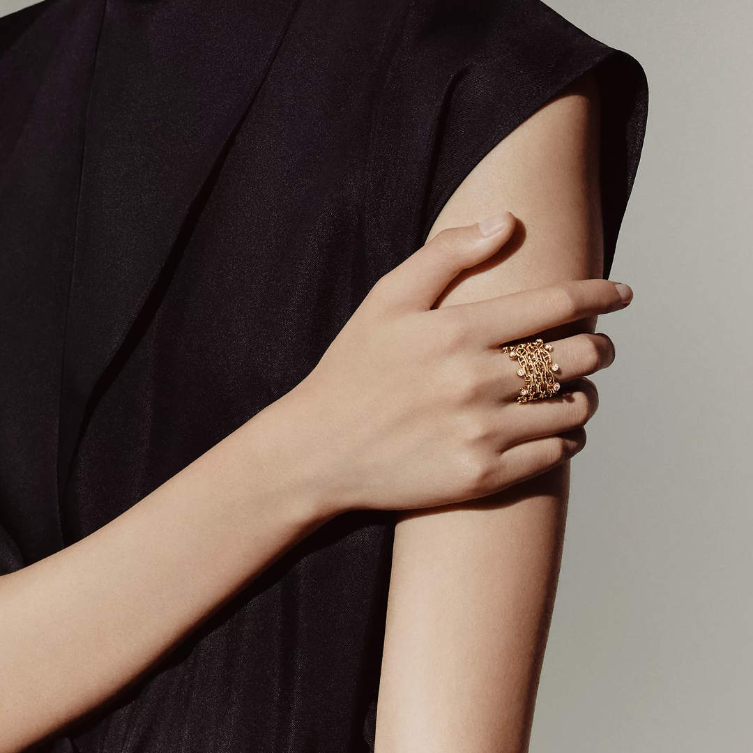 Hermés Yellow Gold Chaine D'Ancre Calypso Ring Set with Diamonds Size 53