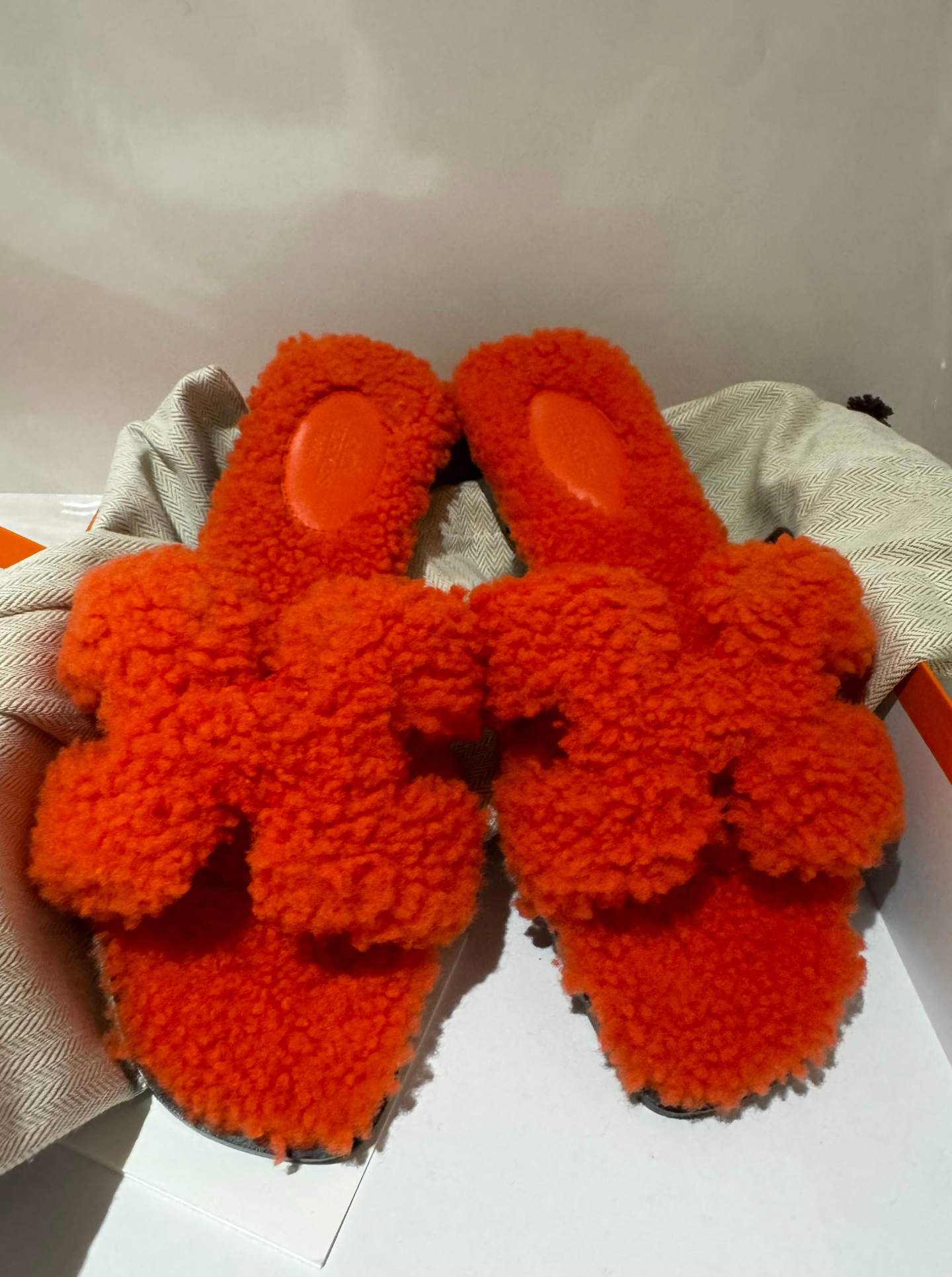 Hermes Orange Shearling Oran Sandals