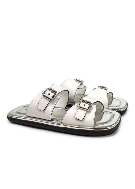 Prada White and Silver Leather Buckle Sandals