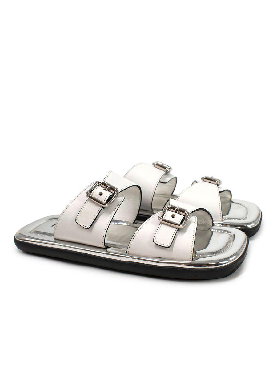 Prada White and Silver Leather Buckle Sandals