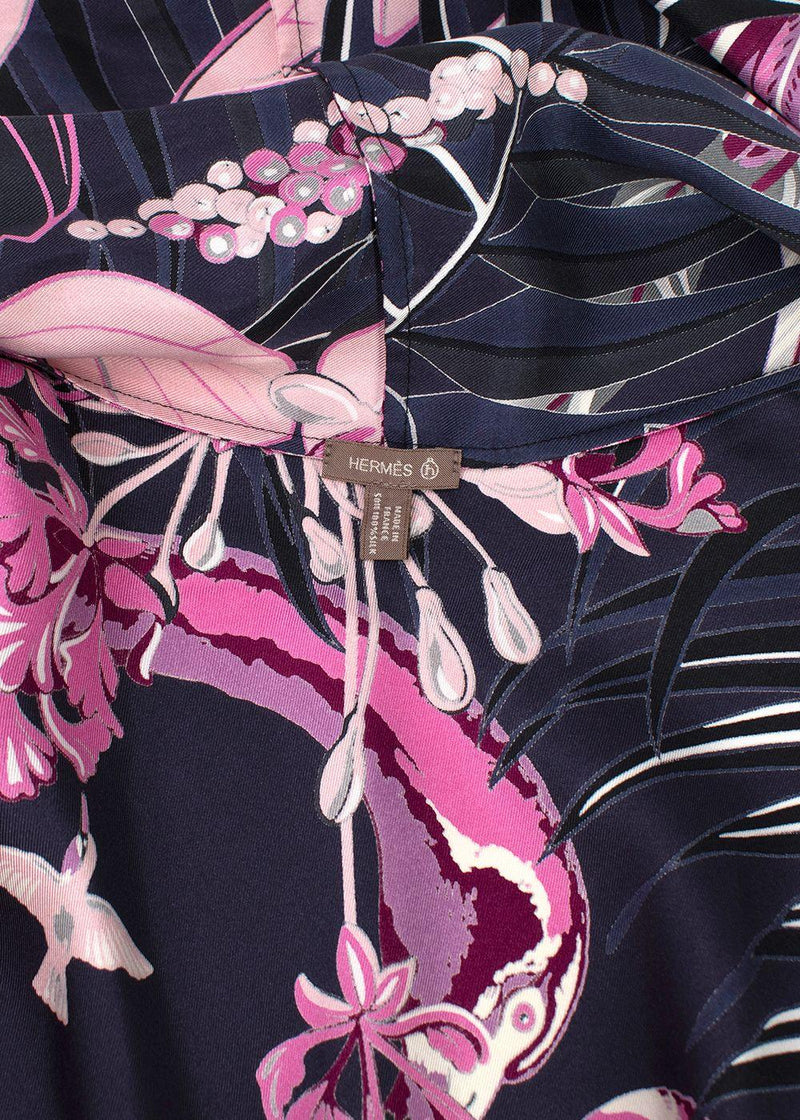 Hermes Navy and Pink Floral Print Silk Lightweight Open Scarf Blouse