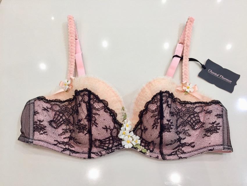 Chantal Thomass Pink Tulle & Black Leavers Lace Hand Embroidered Daisy Set