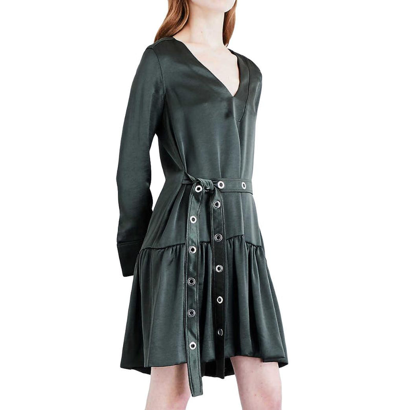 Sandro Olive Satin Dress with Eyelet Detailed Belt