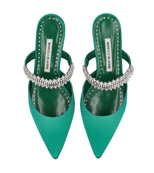 Emerald Green Satin Lutara Crystal Flats