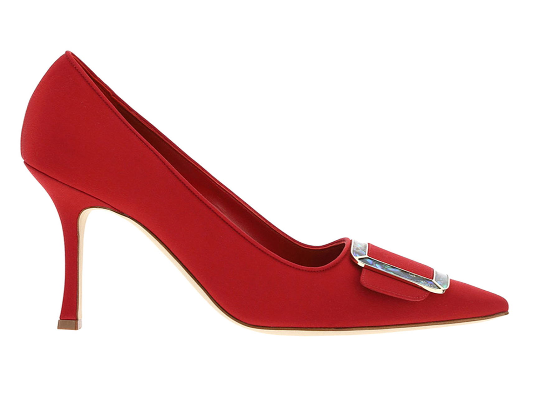 Maysale Red Satin Buckle Embellished Pumps