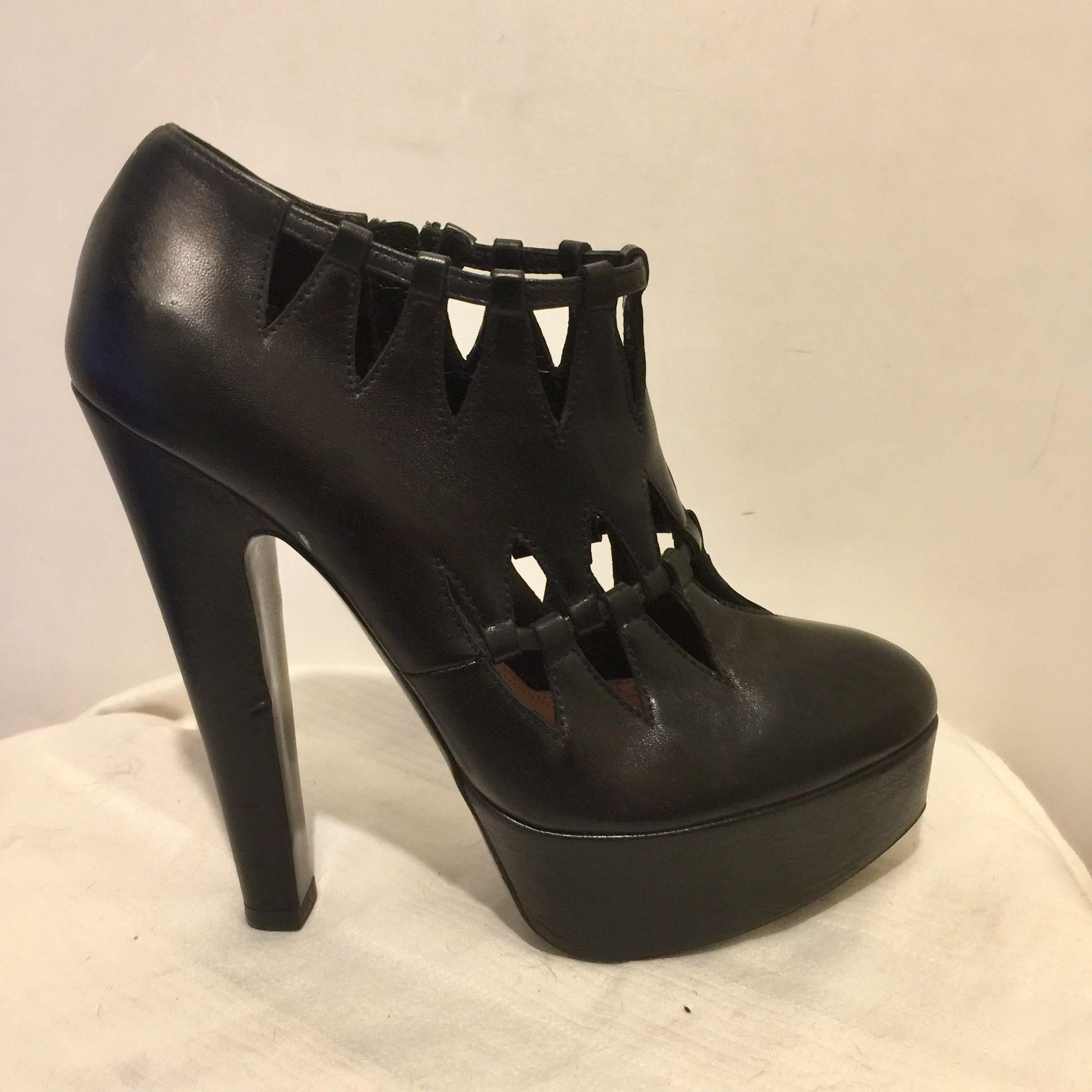 Black leather cut-out platform heeled booties