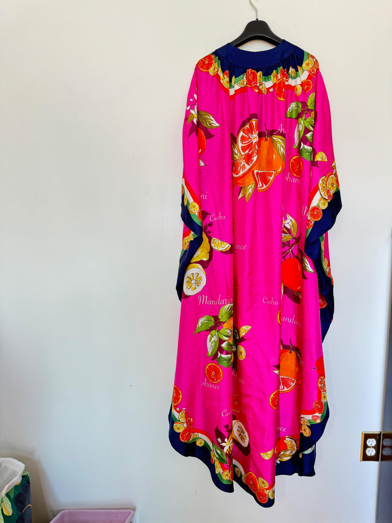 Pink Capri Silk Painterly Fruit Kaftan