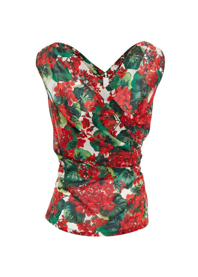 Red Geranium Printed Draped Chiffon Top