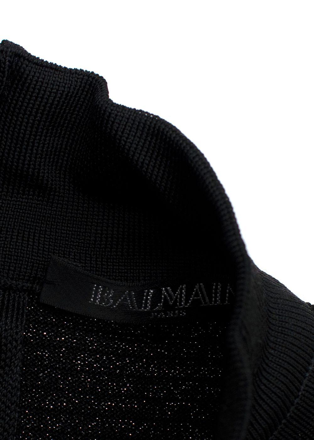 Balmain Black Metallic Ribbed Midi Dress with Silver Button Detail