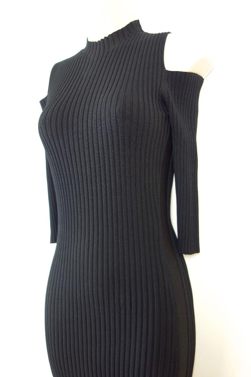 Maje Black Ribbed Knit Cold Shoulder Dress