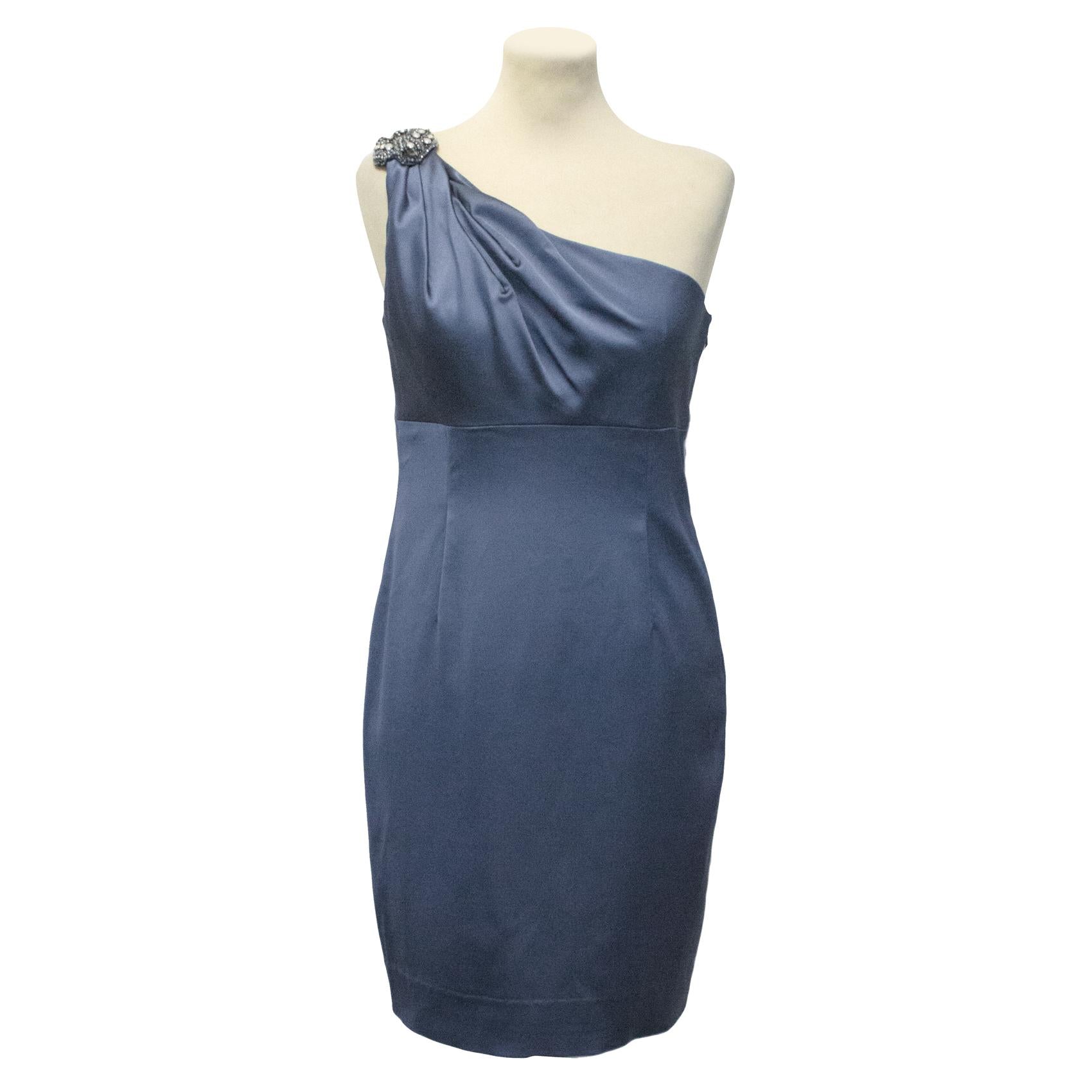 David Meister Blue One Shoulder Dress