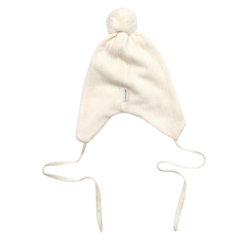White Wool Knit Beanie with a Pom Pom and Bows