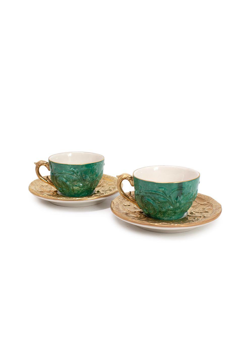 Villari Emerald Green and Gold Porcelain Tea Cup and Saucer Set