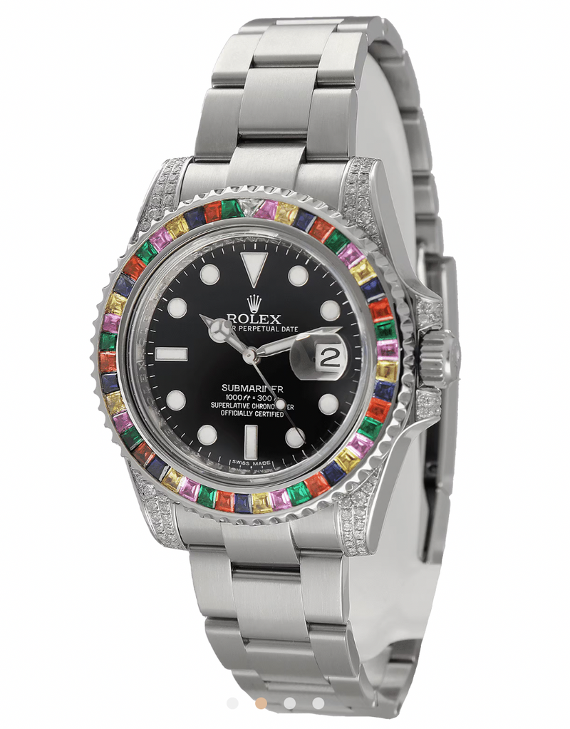 Rolex 40mm Silver Oyster Perpetual Date Submariner Rainbow  Watch