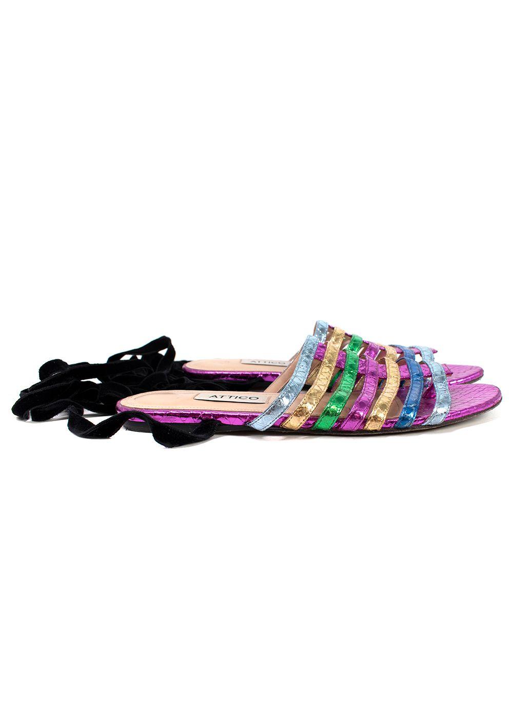 Metallic Rainbow Snake Embossed Lace-up Flat Sandals