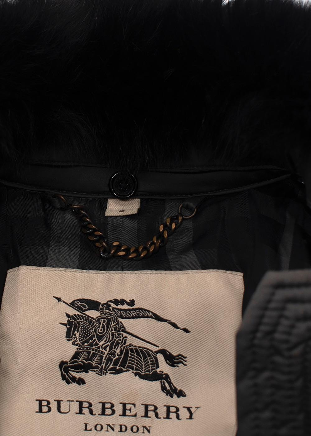 Burberry Grey Belted Puffer Coat with Faux Fur Trim