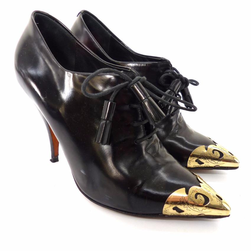Celine Black Leather Lace Up Heeled Metal Pointed Shoes