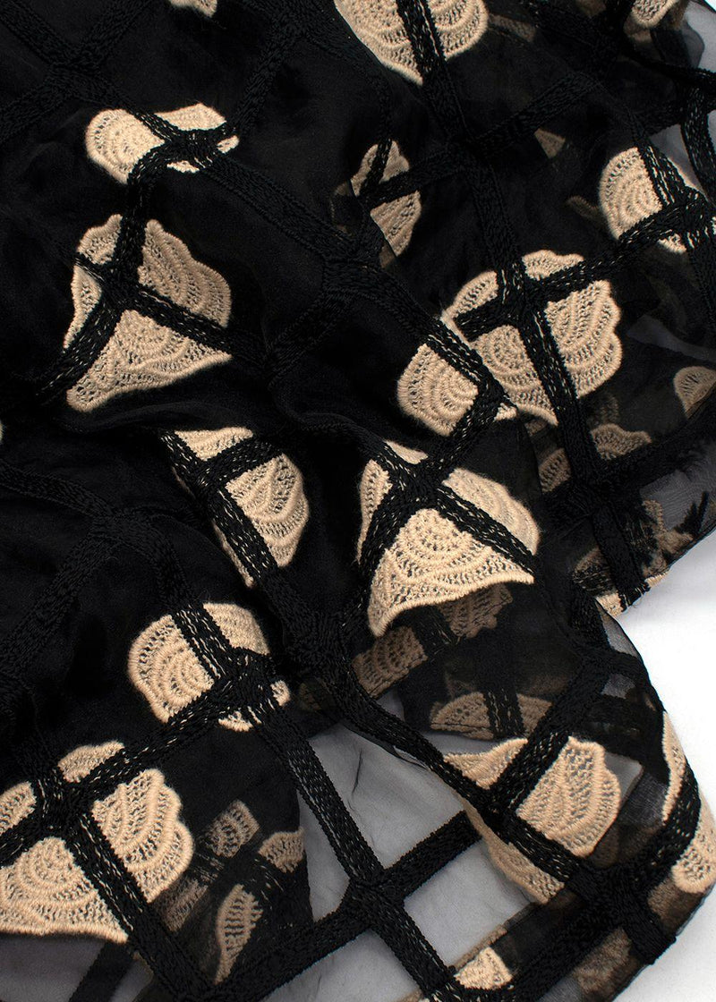 Black & Beige Mesh Macrame Belted Midi Dress