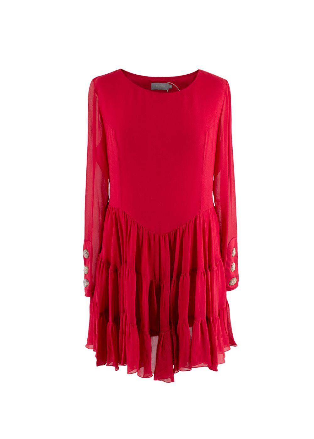 Red Silk Ruffled Long Sleeved Dress
