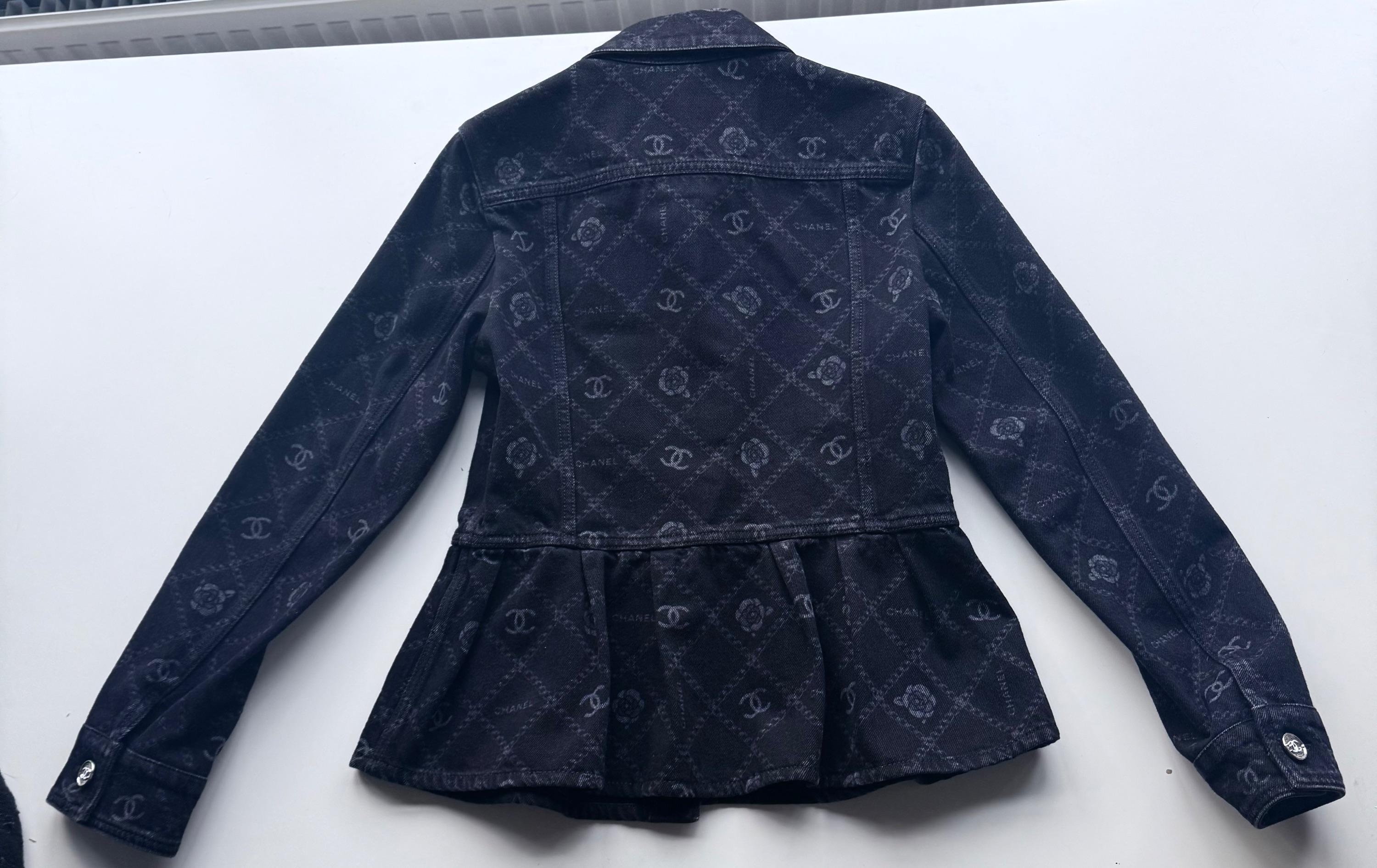 Chanel Black Camelia Denim Button Front Jacket