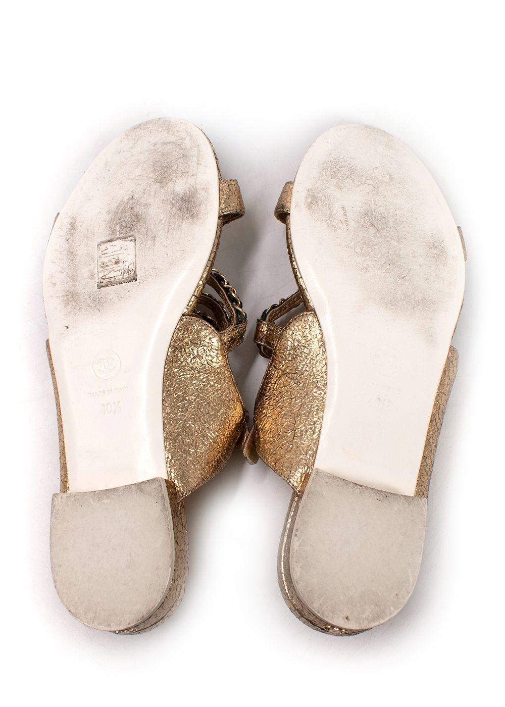 Chanel Metallic Gold Leather Chain Detail Sandals