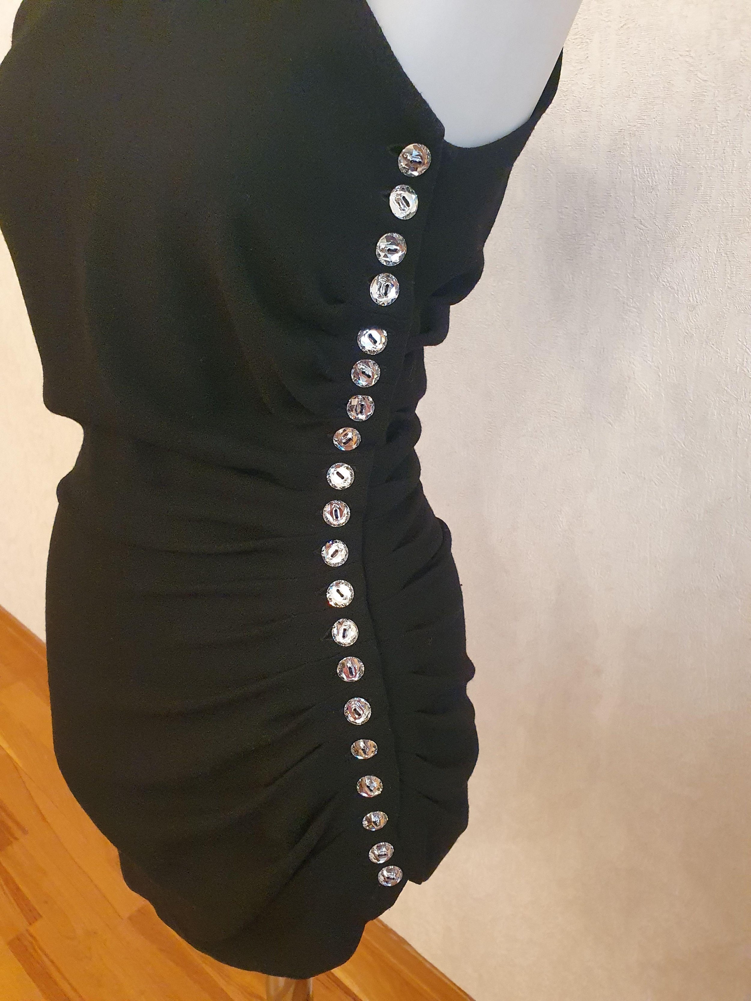 Black wool crepe crystal embellished ruched mini dress
