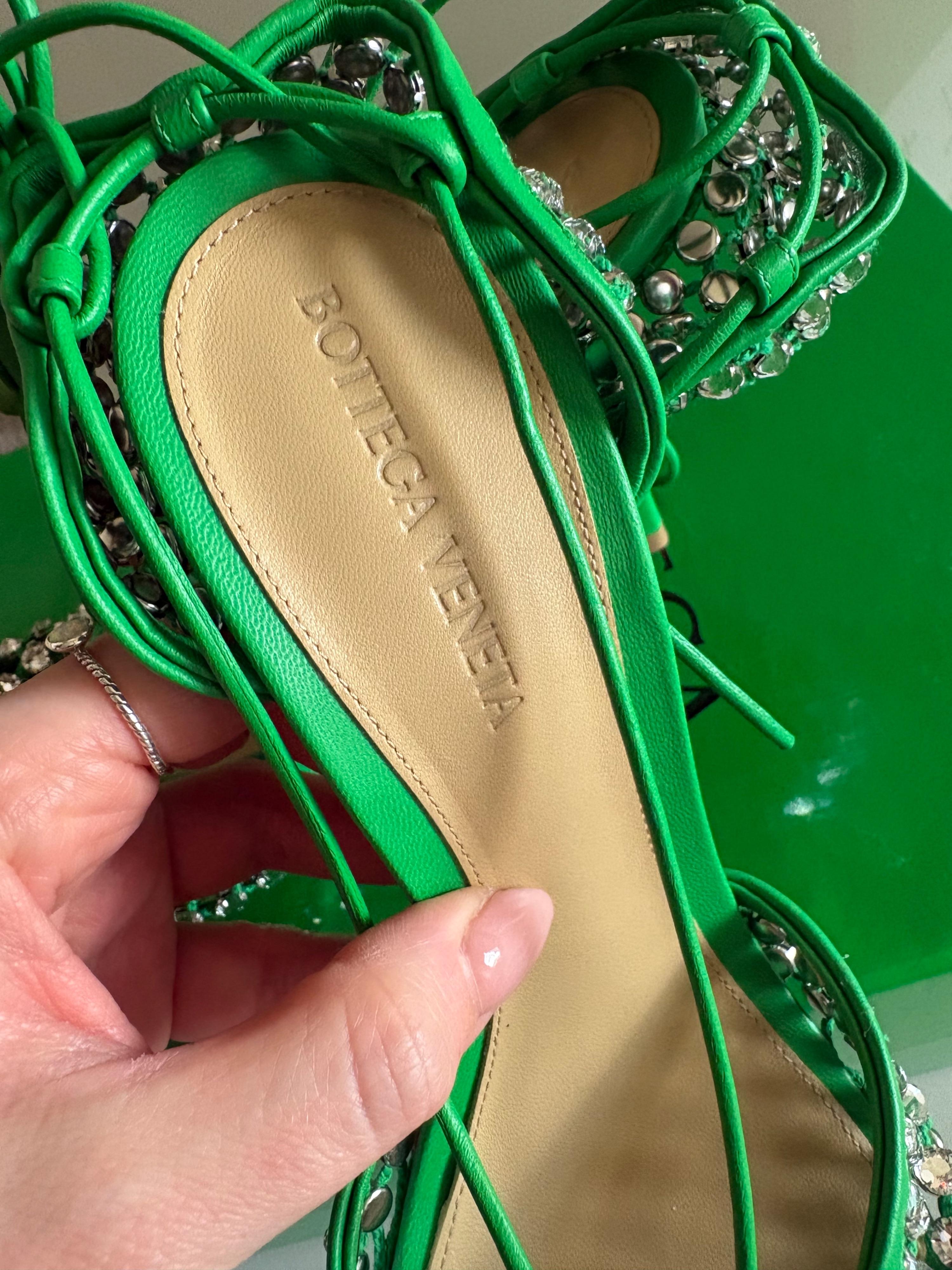 Bottega Veneta Green Sparkle Stretch Crystal Heels