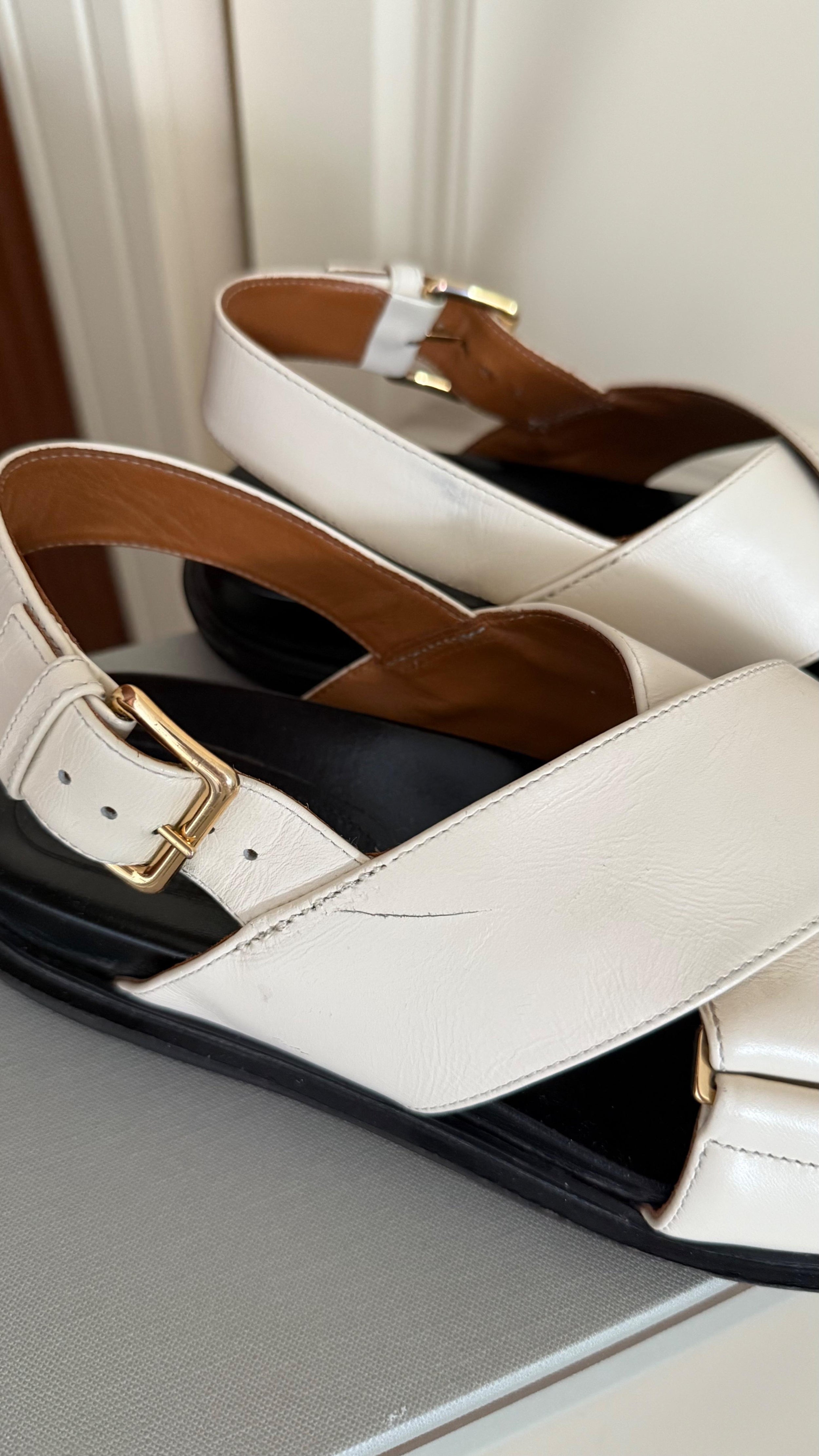 Marni Ivory Leather Flat Sandals